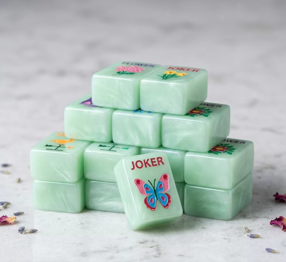Luxury Eco-friendly Water Resistant Durable Acrylic Matcha Pearl Mahjong Set 160 Tiles 2-player Poker Garden Glow Designer