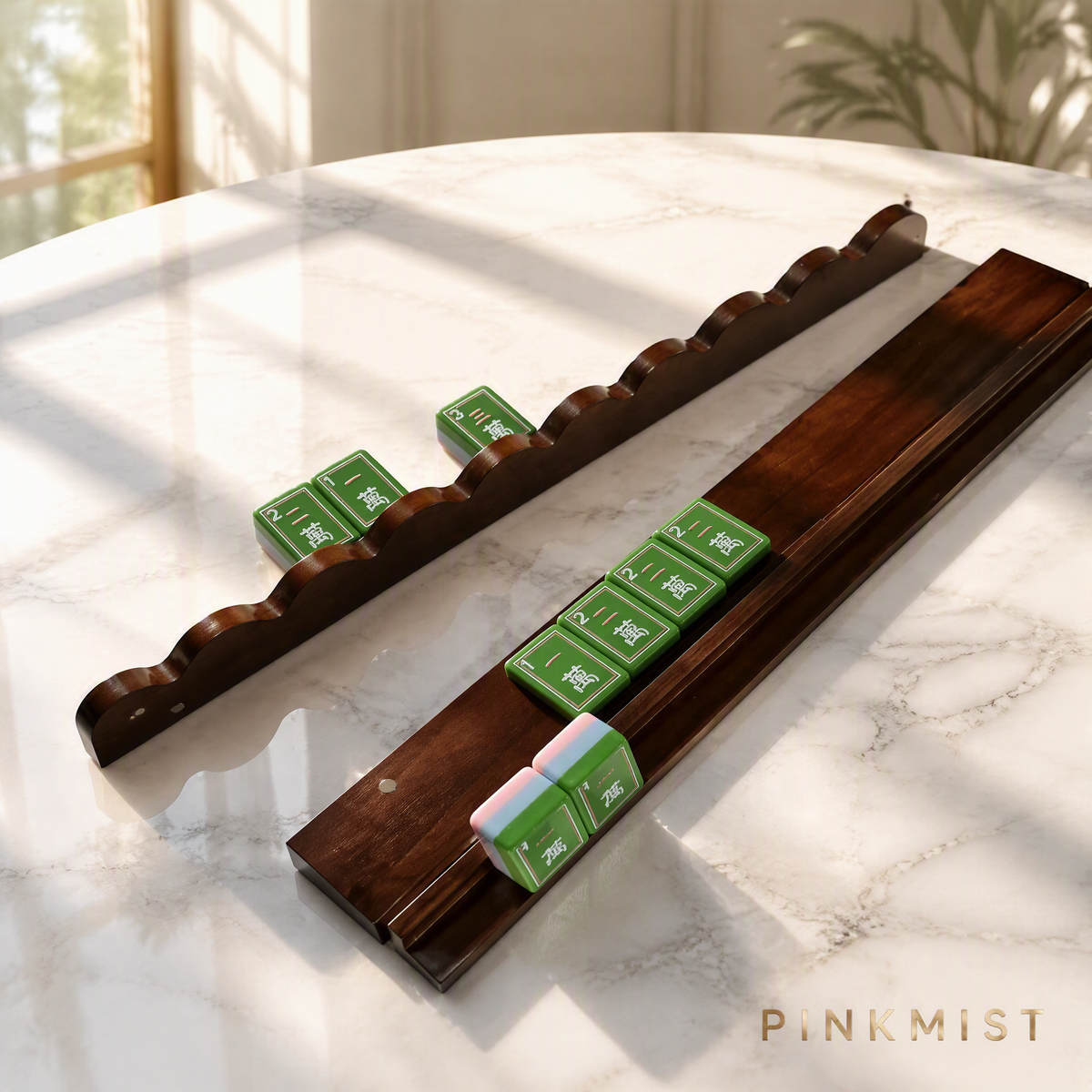 20 Inch Natural Walnut Two Tone Peach Wood & Black Mahjong Racks Set Of 4 With Magnetic Pushers, MOQ 1 For Game Entertainment