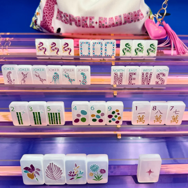 Bespoke Springtime Safari - Safari Glow American Mahjong Set Pearl Cheetah White Tiles Flower Wild Gift For Entertainment