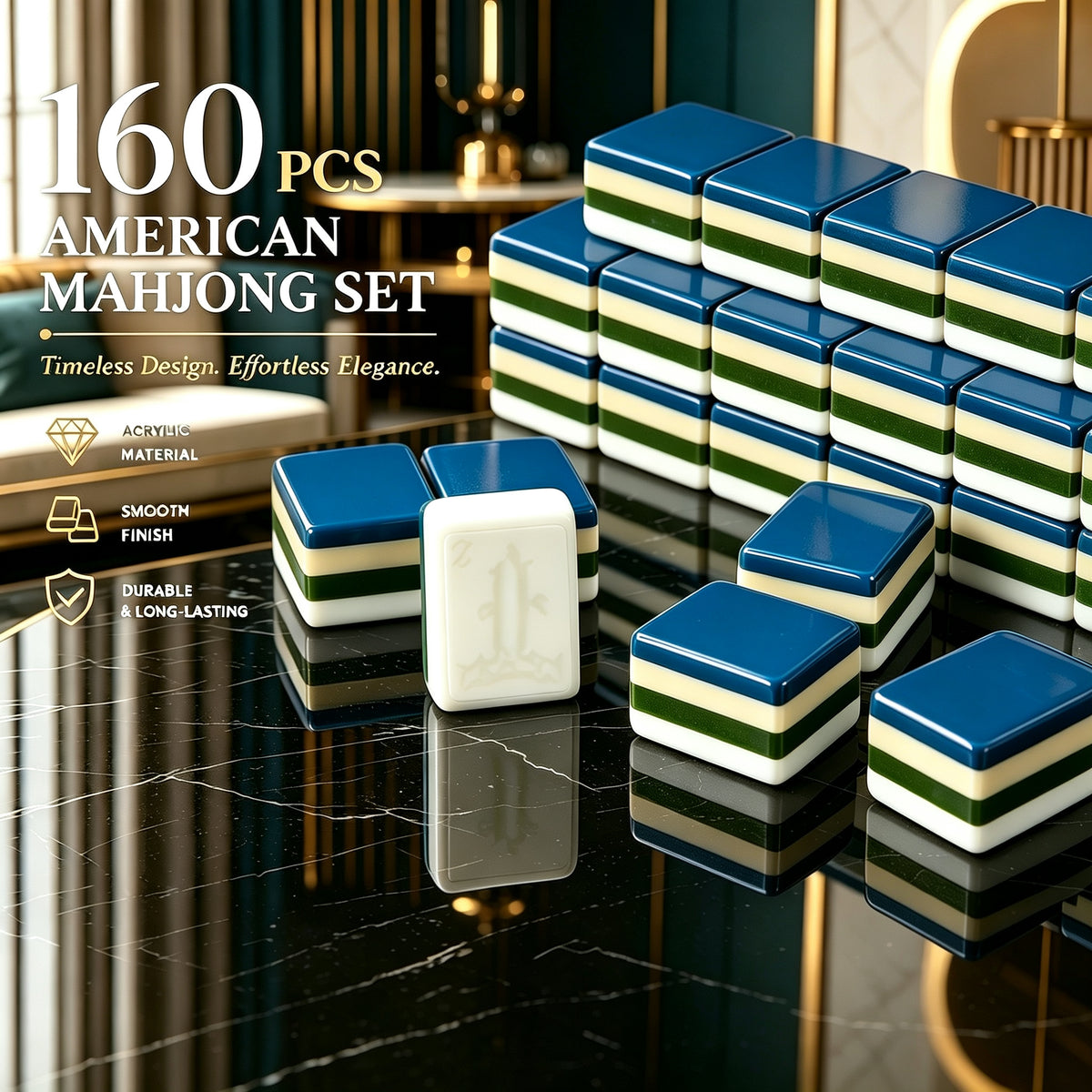 Us Stock Free Shipping Luxury Navy Blue American Mahjongg Modern Style Acrylic Tiles Durable Water-resistant Entertainment Tiles