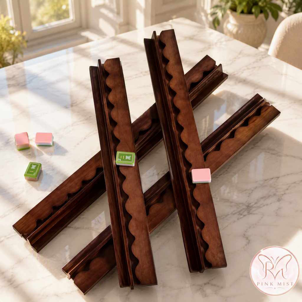 20 Inch Natural Walnut Two Tone Peach Wood & Black Mahjong Racks Set Of 4 With Magnetic Pushers, MOQ 1 For Game Entertainment