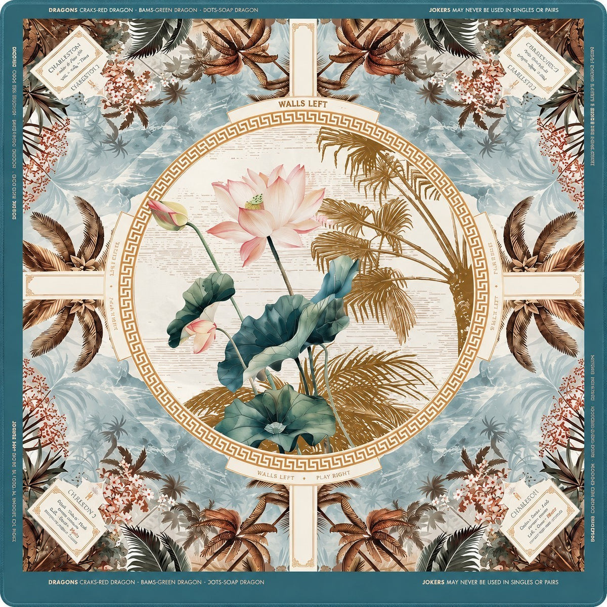 Popup Mahj brown table mat featuring a central pink lotus flower, palm trees, and decorative Greek key border.
