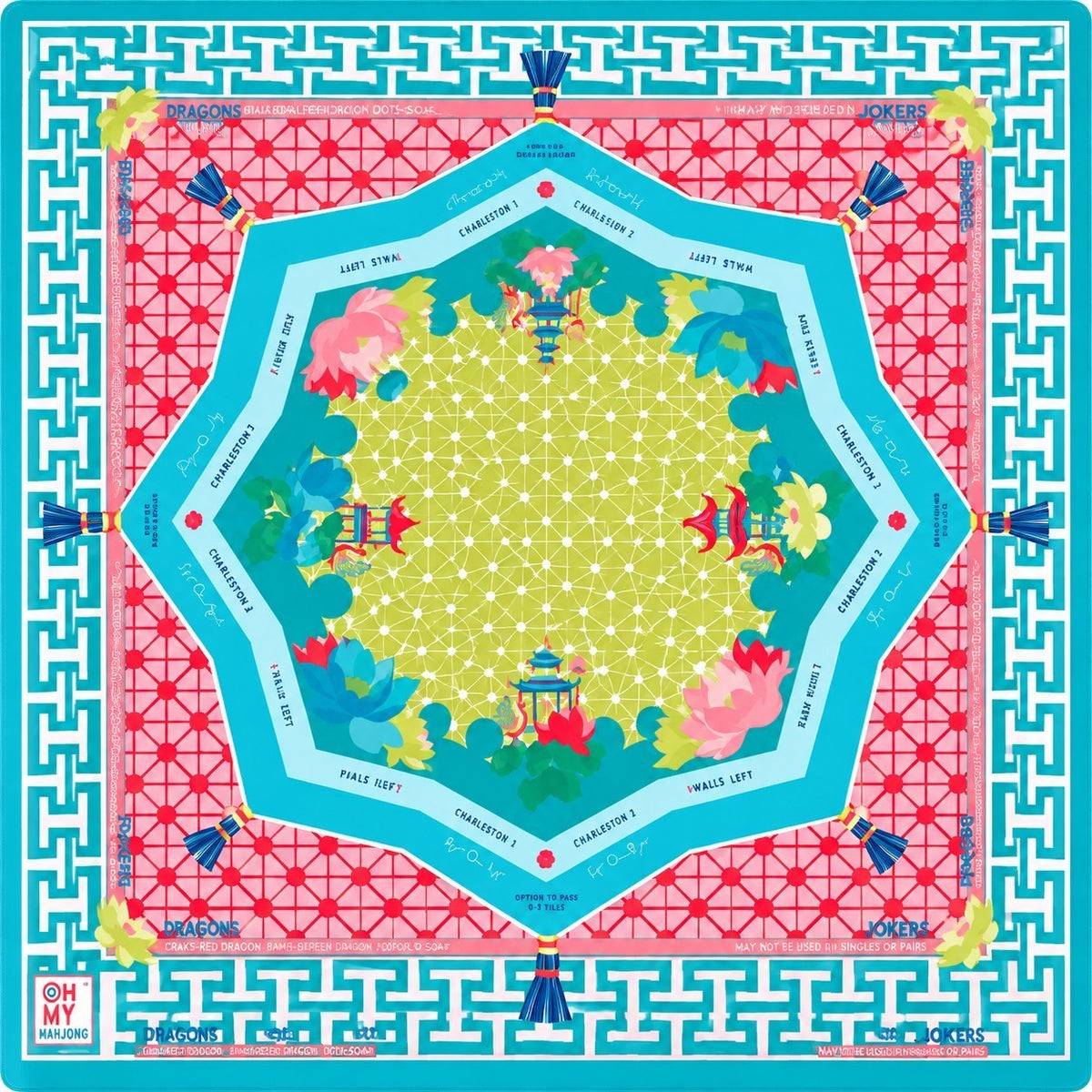 Popup Mahj Zen glow OMM like Mat featuring a vibrant pink and teal floral design with traditional pagoda motifs
