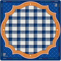 Popup Mahj Vanderbilt Mat featuring a blue and white gingham center with an orange scalloped border and game rules.