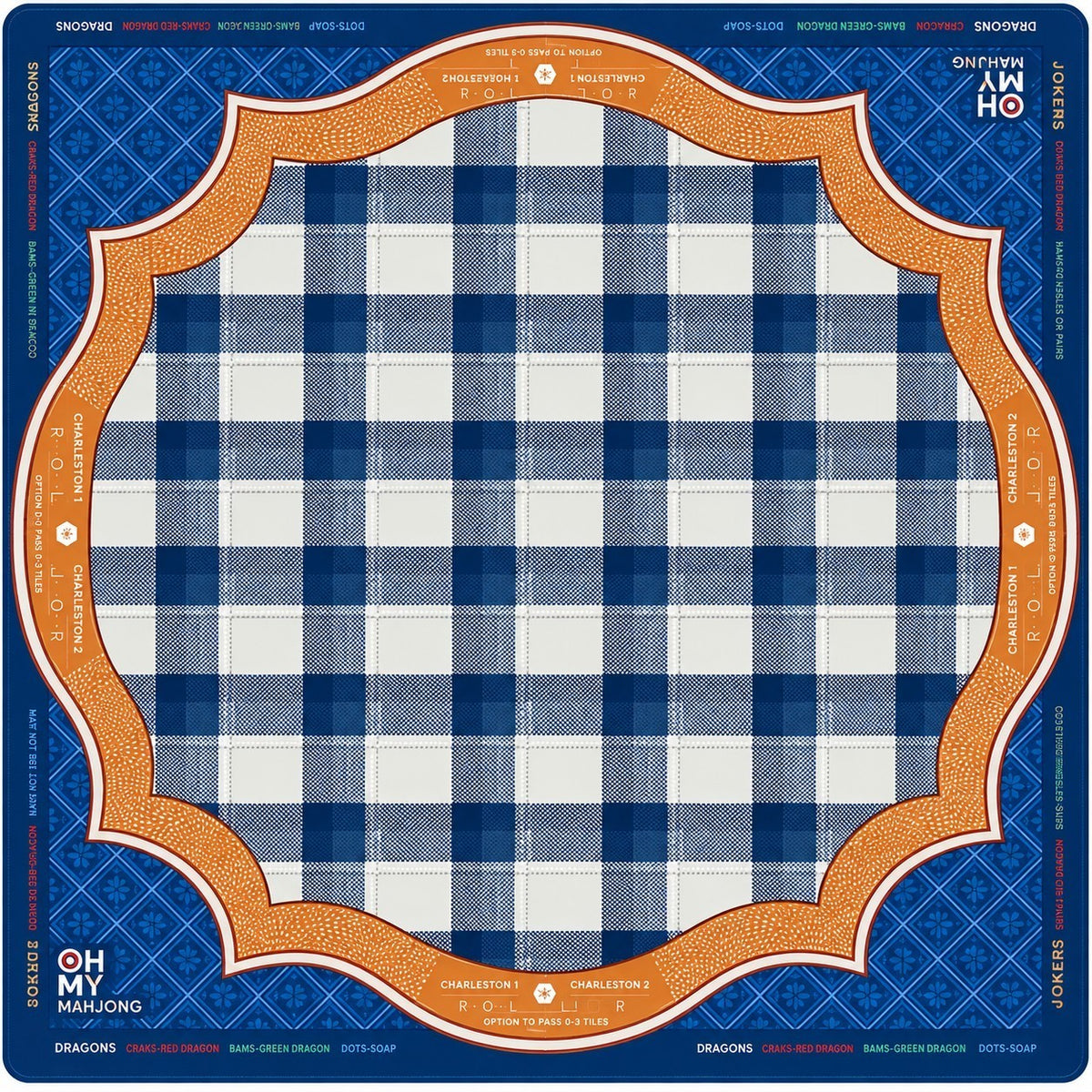 Popup Mahj Vanderbilt Mat featuring a blue and white gingham center with an orange scalloped border and game rules.